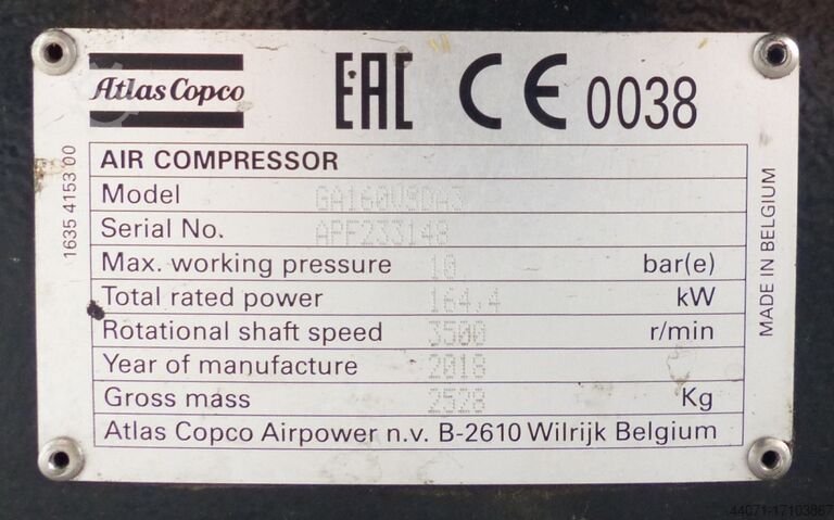 Schraubenkompressor 160 kW GA160VSD+ Atlas Copco GA160VSD+
