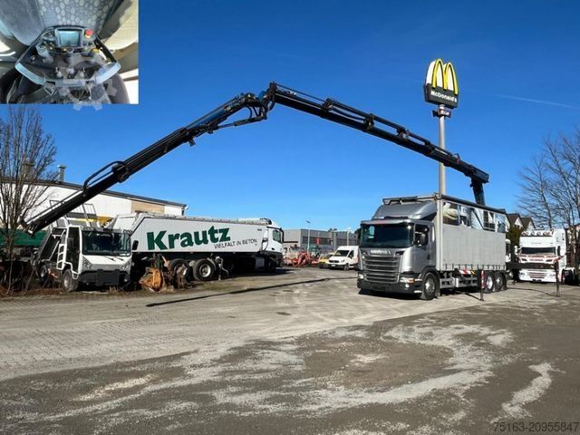 Flatbed truck with tarp SCANIA G 410 6x2 Pritsche Heckkran Palfinger PK 27002