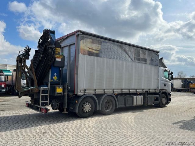 Flatbed truck with tarp SCANIA G 410 6x2 Pritsche Heckkran Palfinger PK 27002