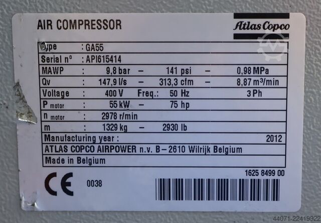 Κοχλιωτός συμπιεστής GA55FF Atlas Copco GA55FF