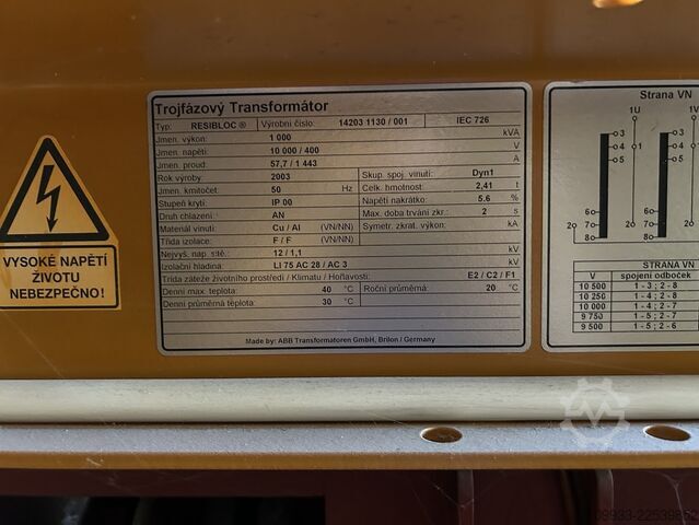 ξηρός μετασχηματιστής ABB 1000 kVA 10/0,4kV