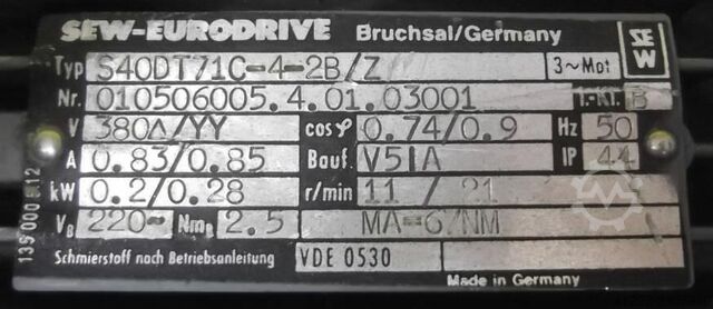 Tandwielmotor 0,2/0,28 kW 11/21 tpm SEW-EURODRIVE S40DT71C-4-2B/Z