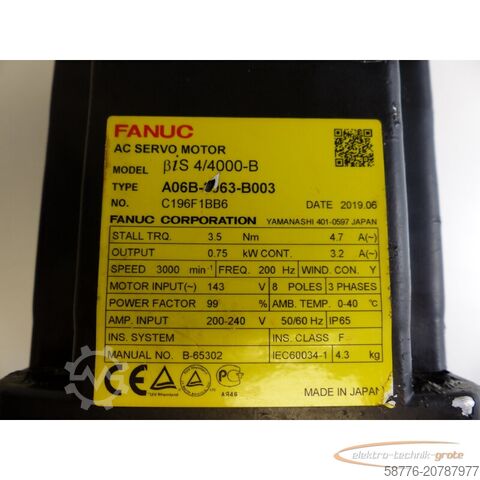 Besturingsunit Fanuc A06B-0063-B003 AC Servo Motor SN: C196F1BB6 + A860-2070-T321 Pulsecoder