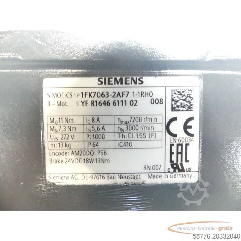 Siemens motor Siemens 1FK7063-2AF71-1RH0 YFR1646611102008 generalüberholt - 12 Mon. Gewährl.