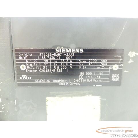Siemens motor Siemens 1FT6086-8AH71-3AA2 Synchronservomotor SN: YFL188743601002