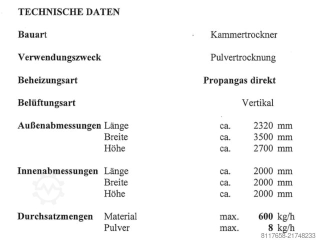 Piec do suszenia proszku Wieland WA-TR-GB Pulvertrocknungsofen