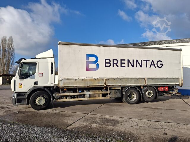 Camión con plataforma y lona RENAULT D26 WIDE 380 - 6X2 - E6 - RETARDER