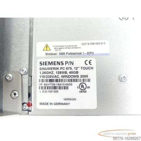 Εξάρτημα Siemens Siemens 6AV7726-1BA10-0AD0 Panel PC 670 SN:Z generalüberholt mit 12 Monaten Gewährleistung