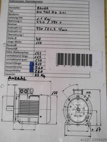 Tandwielmotor 1,1 kW 21,5 tpm Bauer DK963HZ/241