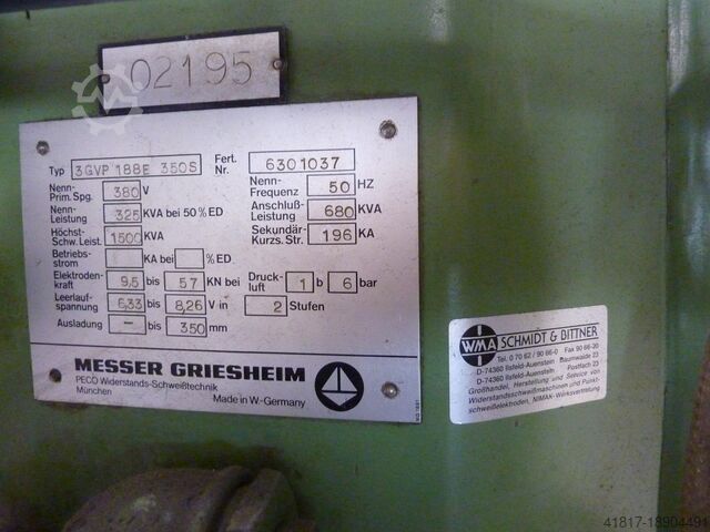 Buckelschweissmaschine Schmidt & Bittner / Messer Griesheim Akzent 5000 / 3GVP 188E 350S