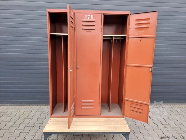 Spind Schrank Werkstattspind Stahlspind / 2.100x1.220x850mm (HxBxT) 3 Türen inkl. Gestell und Sitzbank