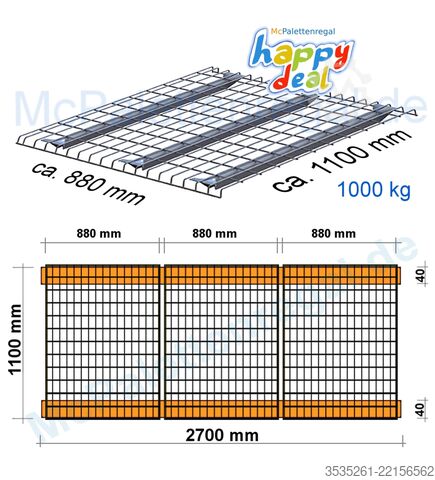 Pallereol 32 Rahmen, 100 Trav. (2,7), 150 Gitter ca. 71m Palettenregal 4 m hoch, 2 Eb. 3t