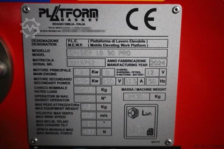 Gelenkteleskoparbeitsbühne Platform Basket Spider 18.90 PRO CE Declaration, Valid inspection,