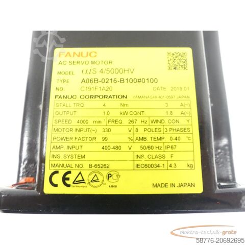 Fanuc-motor Fanuc A06B-0216-B100 #0100 AC Servomotor SN: C191F1A20 + Encoder A860-2000-T321