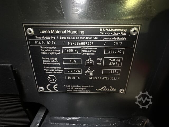 E 16 PL - 386 / 02 Evo * Atex EX * Proplan 2G / Zone 1 !! NEUE Batterie !! LINDE E 16 PL - 386 / 02 Evo * Atex EX * Proplan 2G / Zone 1 !! NEW battery !!