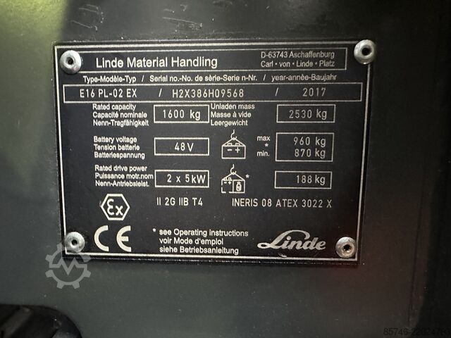E 16 PL - 386 / 02 Evo * Atex EX * Proplan 2G / Zone 1 !! NEUE Batterie !! LINDE E 16 PL - 386 / 02 Evo * Atex EX * Proplan 2G / Zone 1 !! NEW battery !!