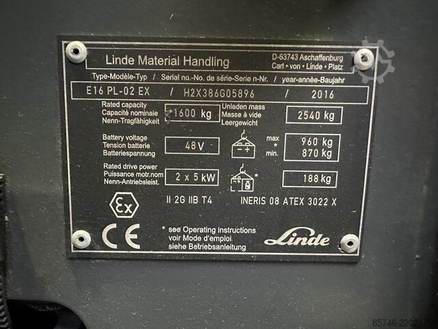 E 16 PL - 386 / 02 Evo * Atex EX * Proplan 2G / Zone 1 !! NEUE Batterie !! LINDE E 16 PL - 386 / 02 Evo * Atex EX * Proplan 2G / Zone 1 !! NEW battery !!