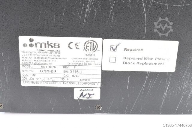 Plazmový generátor, revize: F MKS Instruments. Inc. AX7670-60-R, ASTRONi