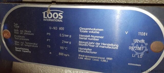Stoomketel Loos U-ND800. 800kg/h. 0.5 Bar 110°. Loos U-ND 800. 800kh/h 0,5Bar 110° Loos U-ND 800. 800kg/h 0,5Bar 110°