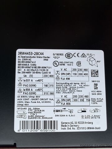  Softstarter Siemens SIRIUS 3RW4453-2BC44 551A 315kW Soft Start Softstarter Siemens SIRIUS 3RW4453-2BC44 551A 315kW Soft Start