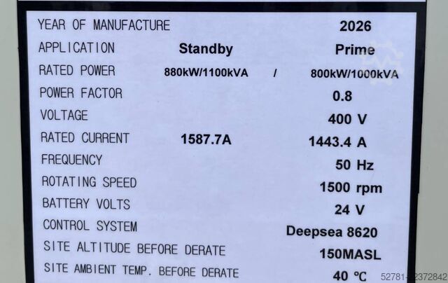  Cummins KTA38-G5 - 1100 kVA Generator - DPX-18815