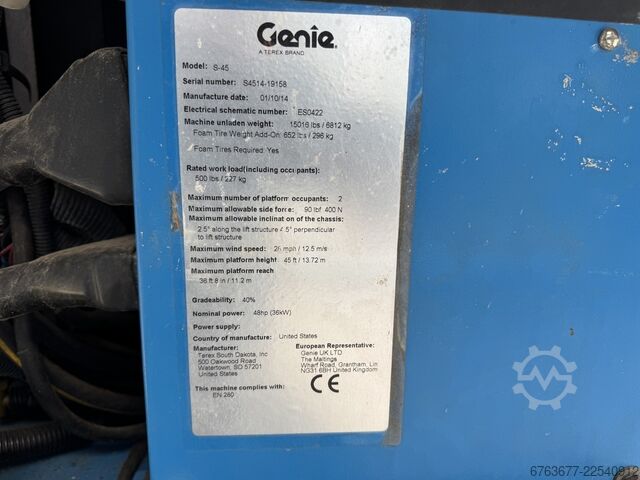 GENIE S-45 Τηλεσκοπικός ανυψωτήρας / γερανός 4x4 DEUTZ DIESEL 4925 ώρες 15,7μ Ύψος εργασίας 2014 GENIE GENIE S-45 Telescoop hoogwerker / boomlift  4x4 DEUTZ DIESEL 4925uur 15,7M Werkhoogte 2014