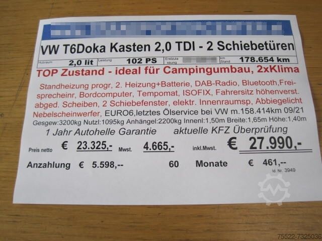 Panel van VW T6 Doka Kasten 2,0 TDI - ideal für Camping Umbau - TOP Zustand - 2x Klima, Standheizung, Navi, Tempomat