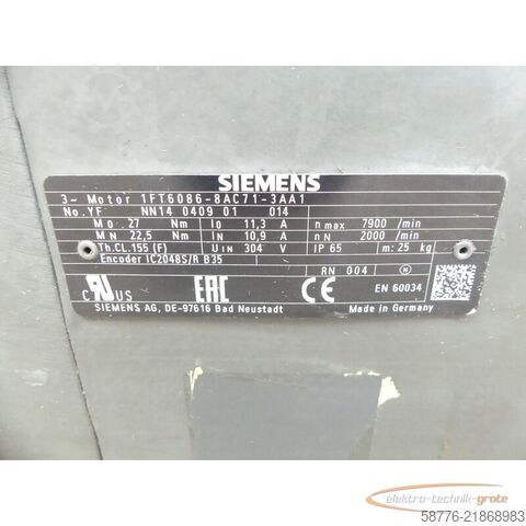 Vezérlőegység Siemens 1FT6086-8AC71-3AA1 Synchronservomotor SN: YFNN14040901014