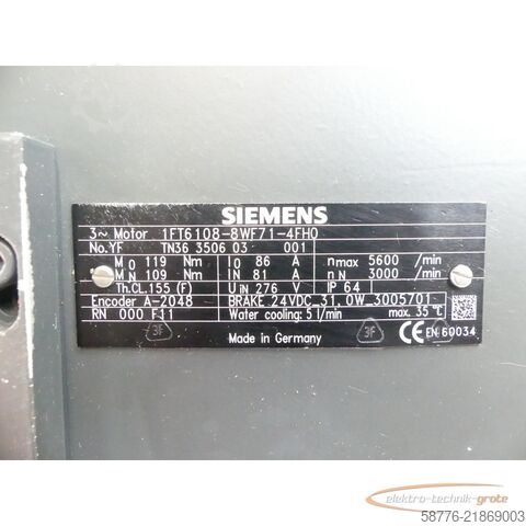 Unidade de controlo Siemens 1FT6108-8WF71-4FH0 SN: YFTN36350603001 - wassergekühlt