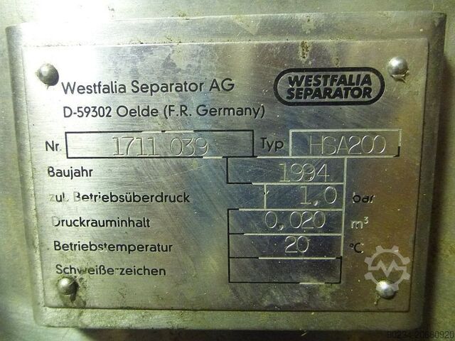 Westfalia HSA 200-06-777 centrifuge van roestvrij staal, klarende uitvoering WESTFALIA HSA 200-06-777