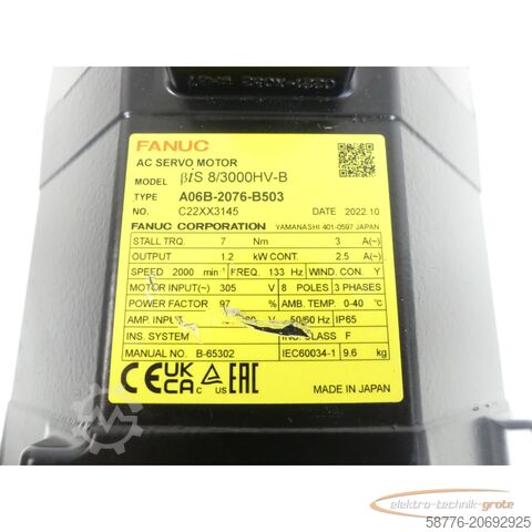 Motore Fanuc Fanuc A06B-2076-B503 AC Servomotor SN: C22CC3145 + Encoder A860-2070-T321