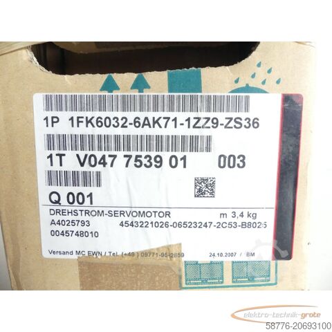 Siemens motor Siemens 1FK6032-6AK71-1ZZ9-Z S36 Servomotor SN: 1TV047753901003 - ! -