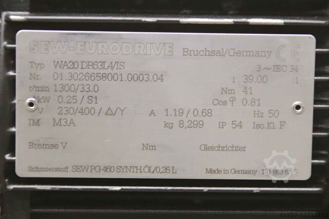Geared motor 0.25 kW 33 rpm SEW-Eurodrive WA20 DR63L4/IS