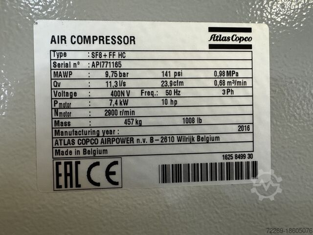 Atlas Copco SF8 + FF Olievrije Luchtcompressor Atlas Copco SF8 + FF HC