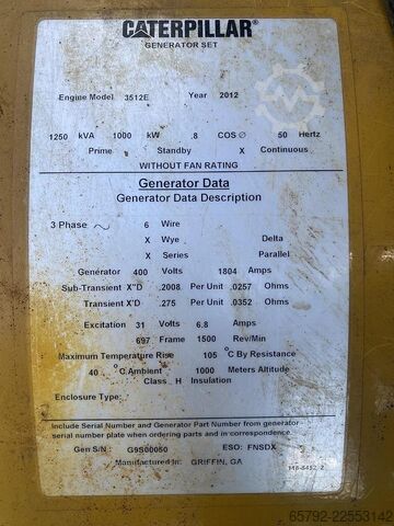 2012 Caterpillar G3512E - 1000 KWe Caterpillar G3512E