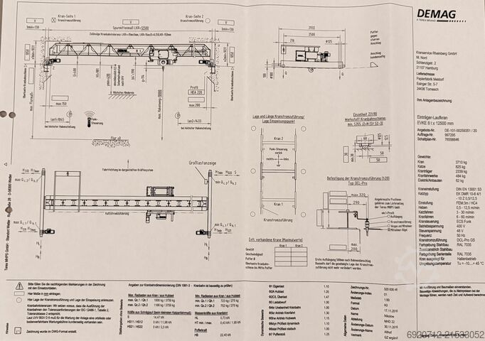12.500 mm x 8 toneladas Demag Overhead crane