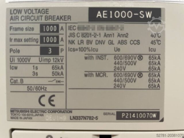Machine de chantier Mitsubishi Circuit breaker 1000A - AE1000-SW 3P - DPX-12648
