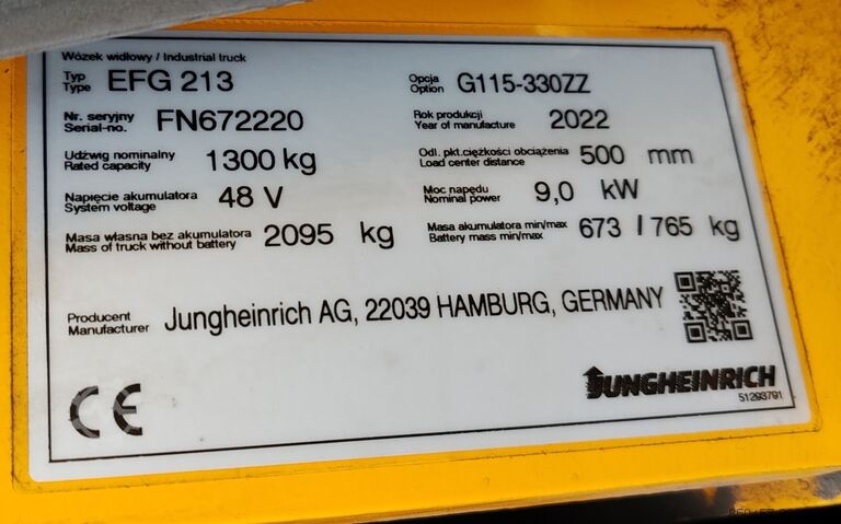 Ηλεκτρικό - 3 τροχοί Jungheinrich EFG 213 LI ION 2022y/ 3.3m/ 7752h/ 4v