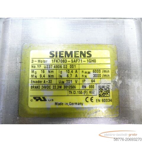 Siemens motor Siemens 1FK7083-5AF71-1GH0 SN: U237490602001 Servomotor