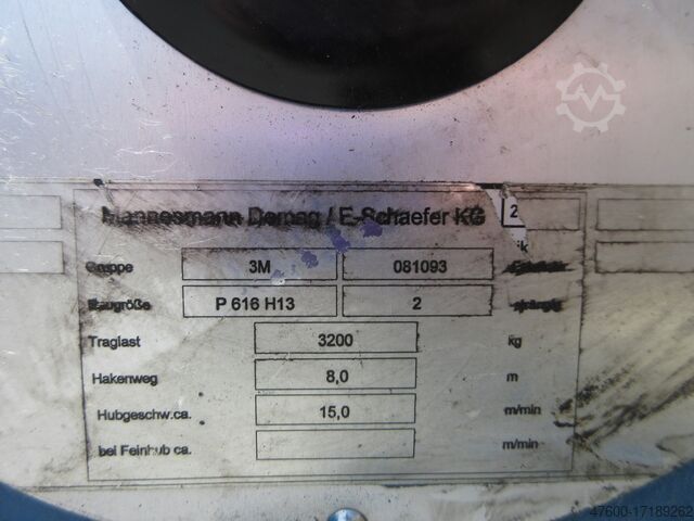 Staaldraadtakel Hijskraan Binnenkraan Demag P Hubwerk Hubwerk 3200KG 3,2to P616 H13 HUB 8m Kran 400V 50Hz