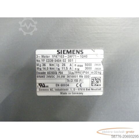 Besturingsunit Siemens 1FK7103-2AF71-1QH0 Motor SN: YFCD39040402001