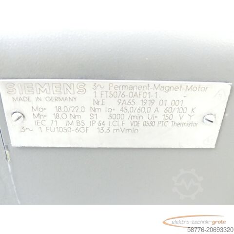 Siemens motor Siemens 1FT5076-0AF01-1 SN: E9A65191901001 Permanent Magnet Motor
