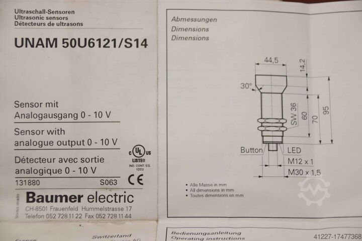 Ultralydssensor Baumer UNAM 50U6121/S14