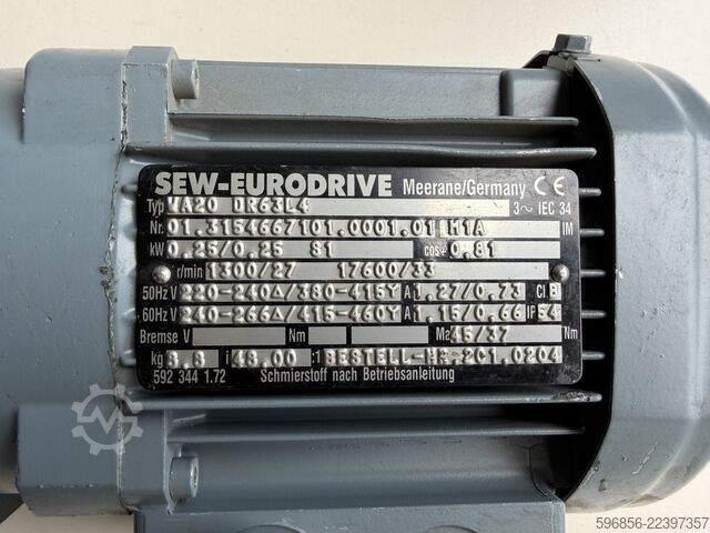 SEW-EURODRIVE WA20 DR63L4 zupčasti motor 0,25 kW 27 o/min 45 Nm i=48 3-fazni SEW-EURODRIVE WA20 DR63L4 Getriebemotor 0,25 kW 27 U/min 45 Nm i=48 3-Phasen SEW-EURODRIVE WA20 DR63L4 Getriebemotor 0,25 kW 27 U/min 45 Nm i=48 3-Phasen