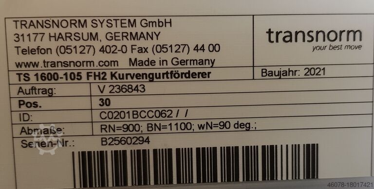 Kurvengurtförderer Gurtkurvenförderer rechts... Transnorm TS 1600-105 FH2 90°-1300-1100-IR900