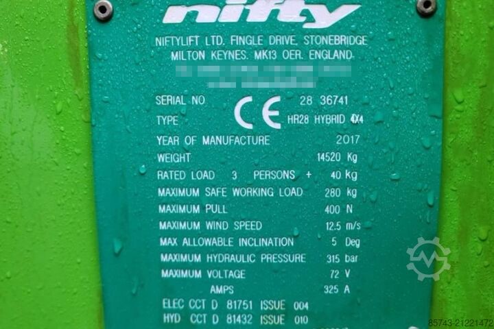 Articulated boom lift Niftylift HR28 Hybrid 4x4 As-Is, Hybrid, 4x4 Drive, 28m Work