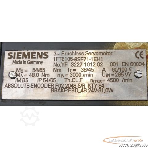 Motore Siemens Siemens 1FT6105-8SF71-1EH1 Servomotor SN YFS227161202001 ohne Lüfter