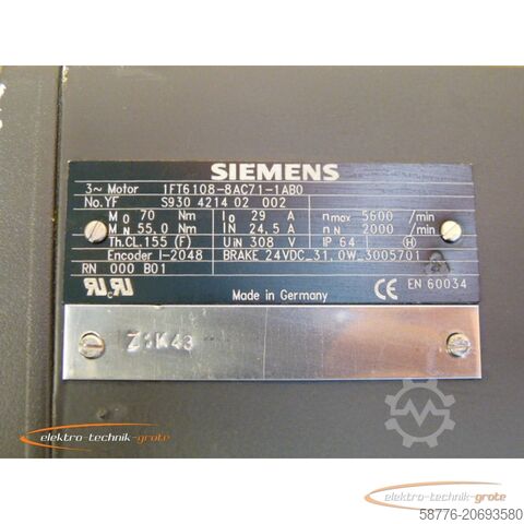 Besturingsunit Siemens 1FT6108-8AC71-1AB0 Synchronservomotor mit Option Z = K43