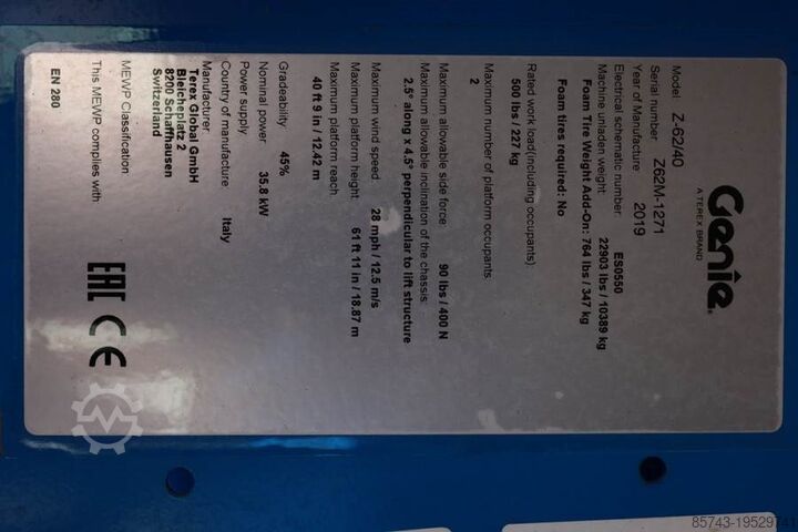 Scharnierende telescopische hoogwerker Genie Z62/40 Diesel, 4x4 Drive, 20.9 m Working Height, 1