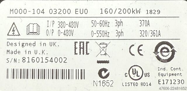 Frekans invertörü 200kW Control Techniques Unidrive M000-104 03200 EU0